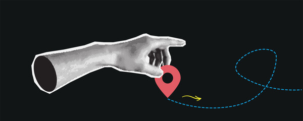 Retro collage with hands. Halftone hand holds map point