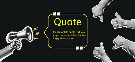 Retro collage with hands and quote frame. Halftone hand holds magnifying glass and speaker