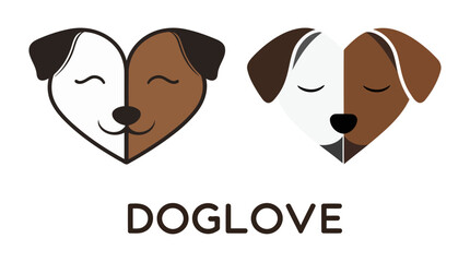Creative Dog Love Logo with Heart-Shaped Dog Faces, Brown and White Puppy Illustration Symbolizing Pet Affection and Care, Modern Pet Branding Design