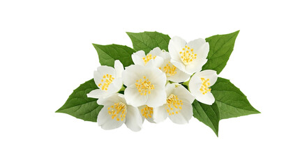 A cluster of white jasmine flowers with yellow centers surrounded by green leaves on black background