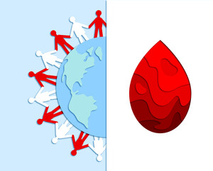 Paper cut art of people on earth and blood drop. Represent world blood donor day, Unity, team work of people.