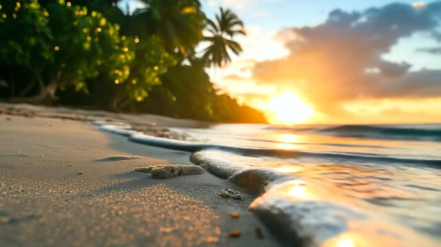 A baby sea turtle's tiny footprints leading towards the ocean, the sun rising over the horizon and casting soft light on the scene, with tropical trees and sand in the background