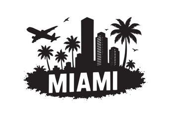 Miami City Skyline with Palm Trees and Airplane – Urban Travel Vector Silhouette