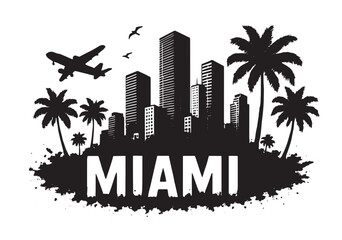 Miami City Skyline with Palm Trees and Airplane – Urban Travel Vector Silhouette