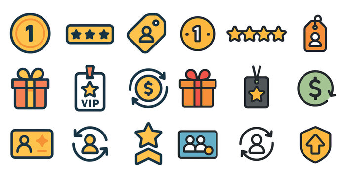 Collection of rating, gift, and vip icons for loyalty and rewards programs