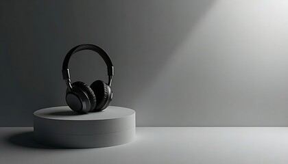 Black headphones with empty space on a minimalist gray pedestal, perfect for audio, music, or technology product displays