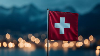 Swiss flag flutters amid ethereal alpine glow, capturing National Day essence, evoking Heidi tales and alpine folk traditions