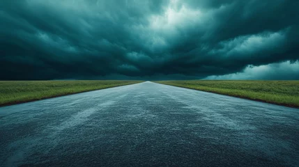 Selbstklebende Fototapeten Rain-slicked road vanishing under brooding tempest sky, evoking Tempest Day metaphors and eerie solitude of moody landscapes © fotogurme