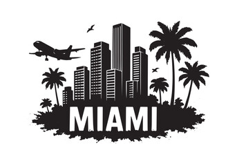 Miami City Skyline with Palm Trees and Airplane – Urban Travel Vector Silhouette