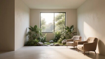Fototapeta premium Modern minimalist living room with indoor garden and large window