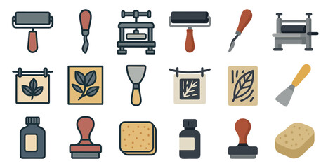 Art printmaking tools and equipment collection illustration