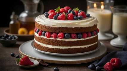 Decadent chocolate cake layered with cream, fresh raspberries, and blueberries presented beautifully in a cozy setting Generative AI