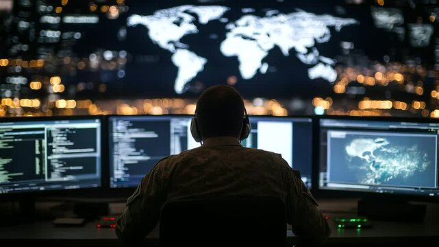 High-security military control room, soldier working under low ambient light while analyzing international threat alerts and strategy maps