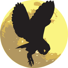 Flying owl vector illustration in silhouette style with full moon behind, perfect for Halloween themes and nature or gothic designs.