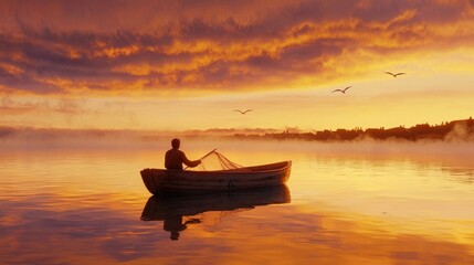 a lone fisherman in a small boat in the sea looking for fish with a view of the sunset