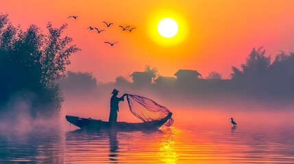 a lone fisherman in a small boat in the sea looking for fish with a view of the sunset