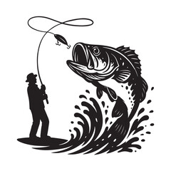 Vintage Fisherman Catching Big Bass – Black and White Fishing Vector Illustration