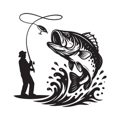 Vintage Fisherman Catching Big Bass – Black and White Fishing Vector Illustration