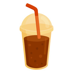 Vector illustration of a plastic cup with brown soda and red straw, cartoon flat style.