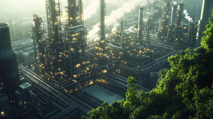 Fototapeta premium An environmentally sustainable oil and gas refinery with greenery, highlighting low-carbon, eco-forward manufacturing