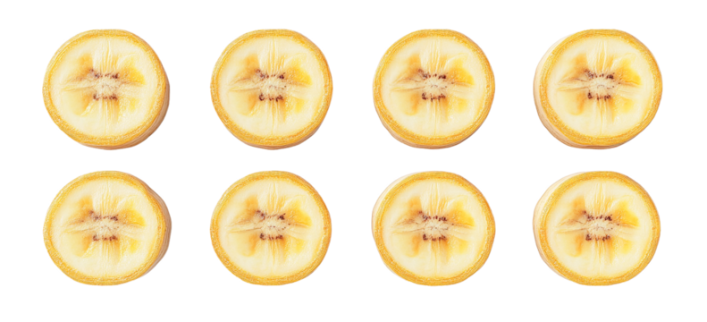 Eight slices of banana arranged in a grid pattern isolated on transparent PNG