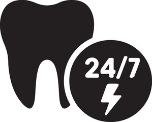 Silhouette vector of 24/7 dental emergency icon, representing urgent dental care available anytime, day or night.