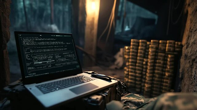Abandoned bunker becomes field ops base, laptop on stack of ammo crates shows detailed tactical overlays as soldiers prepare next move