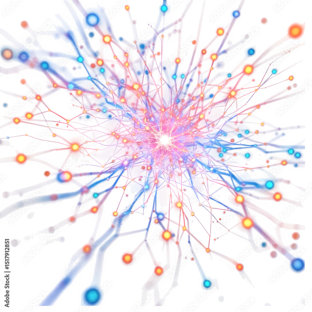 Poster abstract illustration of a neural network with interconnected nodes and glowing central point