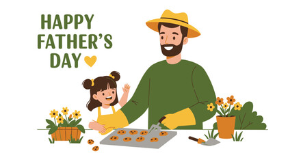 Happy Father s Day Illustration with Father and Daughter Baking Cookies and Gardening Together