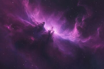 Vast, purple nebula in deep space.  Clusters of stars scattered throughout