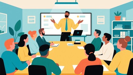 Business meeting with a presenter using a projector screen in a modern office setting