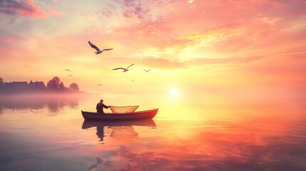 a lone fisherman in a small boat in the sea looking for fish with a view of the sunset