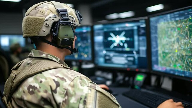 Soldier in camouflage uniform sits in front of a high-tech multi-monitor station tracking troop movements and enemy targets from aerial drones
