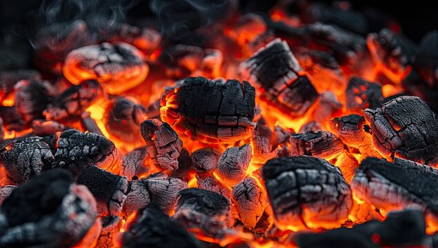Close-up view of glowing charcoal embers with flames