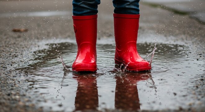 Child splashing in puddle while wearing red rubber boots outdoors  