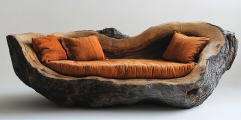 Couch Crafted from a Hollowed Tree Trunk with Orange Cushions on a Plain Background