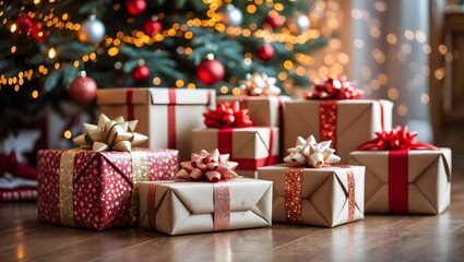 Sparkling Christmas Gifts Stacked Neatly by the Tree