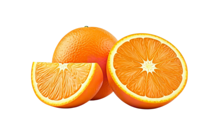 A still life featuring three oranges with one whole, one half, and one quarter on black background