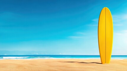Bright yellow surfboard standing on sandy beach under clear blue sky with ocean waves