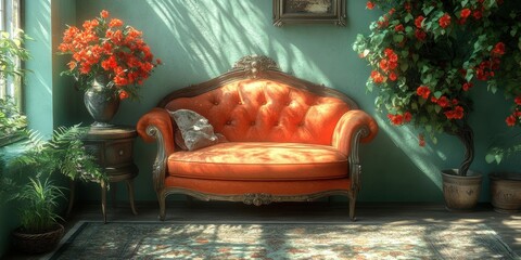 Luxurious Orange Tufted Couch in Bright Room with Floral Arrangements