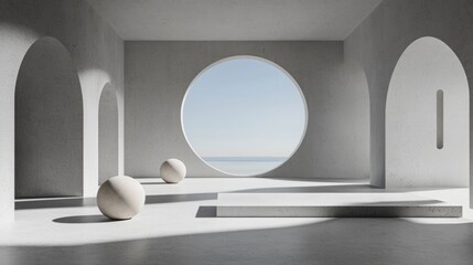Escape exit minimalist. Minimalist interior with geometric shapes, large circular window, soft natural light, and serene ocean view.