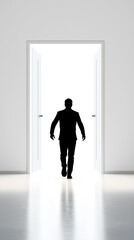 Escape exit minimalist. A silhouette of a man walking through an open door into a brightly lit, minimalistic room.