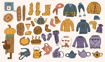 A set of autumn and hygge clothing and food graphic elements.