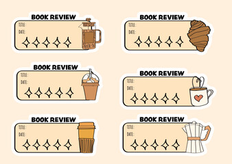 A set of coffee-themed book review stickers.