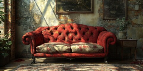 Red Tufted Couch in Room with Peeling Brick Wall and Wood Floor