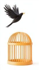 Escape exit minimalist. A black bird flies freely above an open wooden cage, symbolizing freedom and escape.