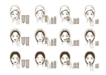 The process of applying suncream, sun spray, sun stick, sun lip balm. Cosmetic woman character sunscreening