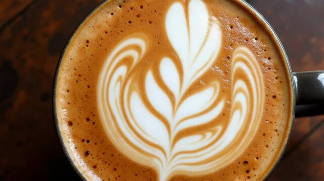Coffee cup with artistic latte art on frothy surface  