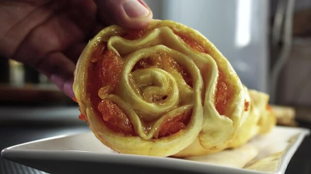 Puff pastry orange jam swirls. Dessert. food
