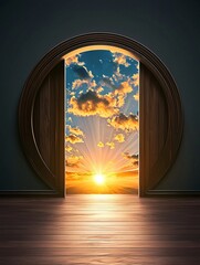 Escape exit minimalist. A round wooden door opens to reveal a bright sunrise with clouds and sun rays shining onto a wooden floor.